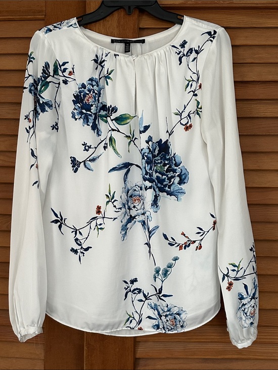 White House Black Market Tops - White House Black Market White Long-Sleeve Floral Blouse with Blue Print